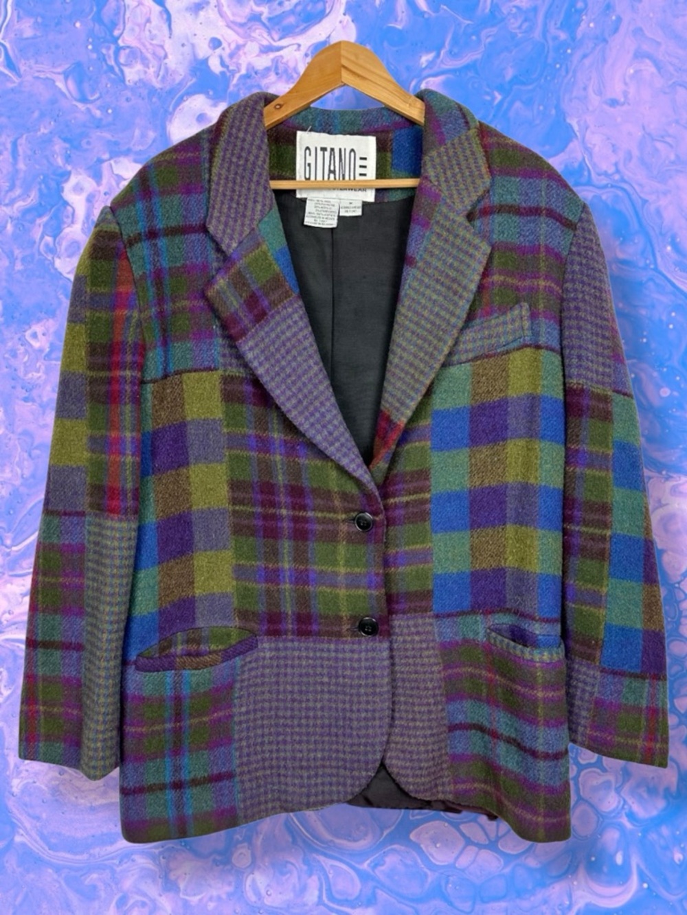Gitano Vintage 80s Fleeced Wool Muted Plaid Long Sleeve Rockabilly Funky Blazer